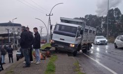 Kamyonun çarptığı trafik lambası direği yayanın üzerine devrildi