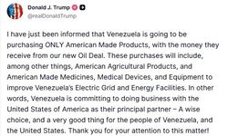 ABD Başkan Trump: 'Venezuela, petrol anlaşmasından elde edeceği gelirle yalnızca ABD yapımı ürünleri satın alacak'