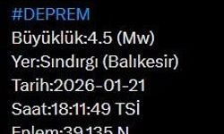 Balıkesir'de 4.5 büyüklüğünde deprem