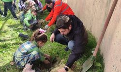 Çavdarhisar'da minikler okul bahçesine fidan dikti