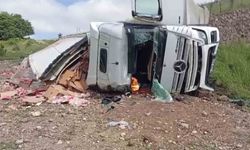Amasya'da tavuk eti yüklü tır şarampole uçtu: 2 yaralı