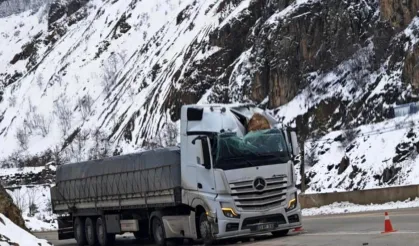 Gümüşhane’de tırın üzerine kaya düştü: Sürücü yaralandı
