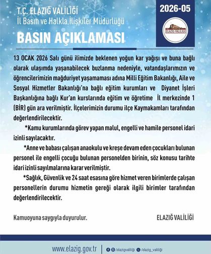 Elazığ'da eğitim-öğretime 1 gün ara verildi