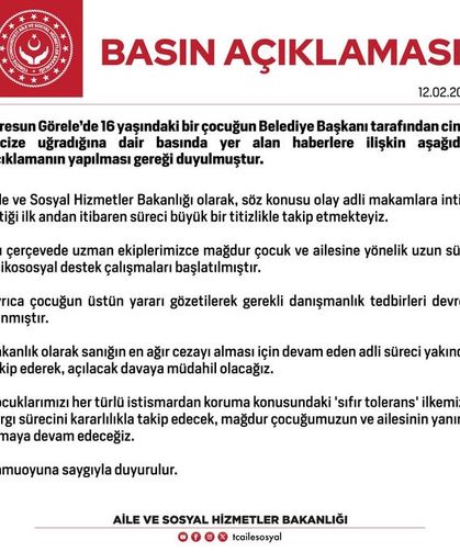 Aile ve Sosyal Hizmetler Bakanlığından Görele'deki taciz iddiasıyla ilgili açıklama: 'Sıfır toleransla, yargı sürecini kararlılıkla takip edeceğiz'