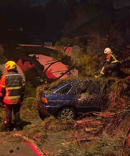 Önce duvarı yıktı sonra otomobilin üzerine devrildi: 2 yaralı