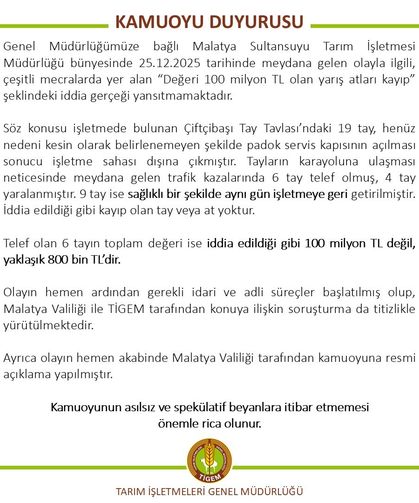 TİGEM'den 'değeri 100 milyon lira olan yarış atları kayıp' iddialarına yalanlama