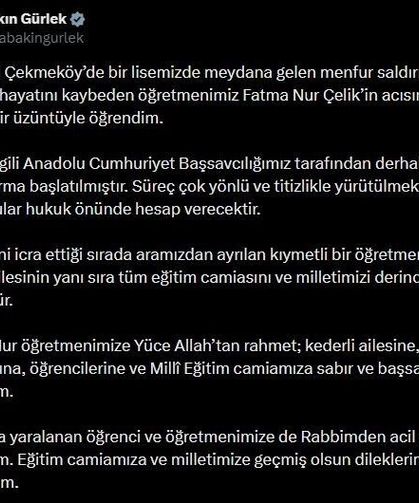 Bakan Gürlek: '(Öğretmen Fatma Nur Çelik) Olayla ilgili derhal adli soruşturma başlatılmıştır'