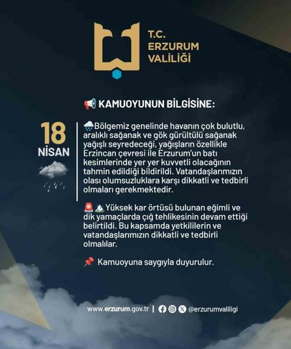 Erzurum Valiliğinden kuvvetli yağış uyarısı