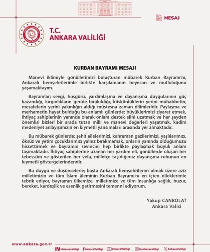 Ankara Valisi Canbolat'tan Kurban Bayramı mesajı