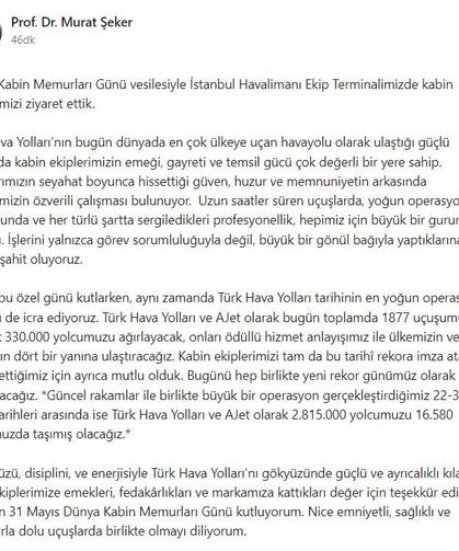 THY Yönetim Kurulu Başkanı Murat Şeker, Dünya Kabin Memurları Günü'nü kutladı