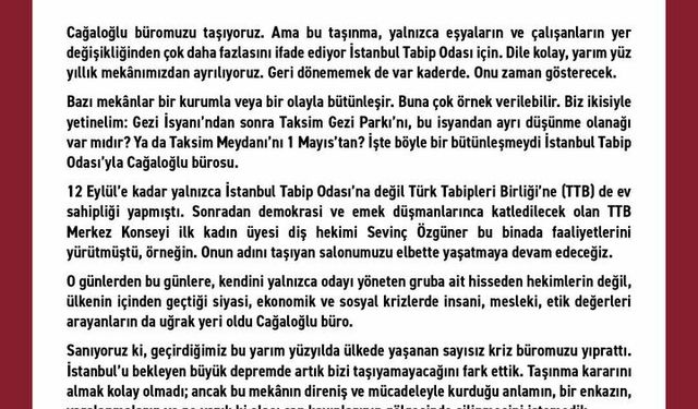 İstanbul Tabip Odası Merkez Bürosu Cağaloğlu'ndan taşınıyor