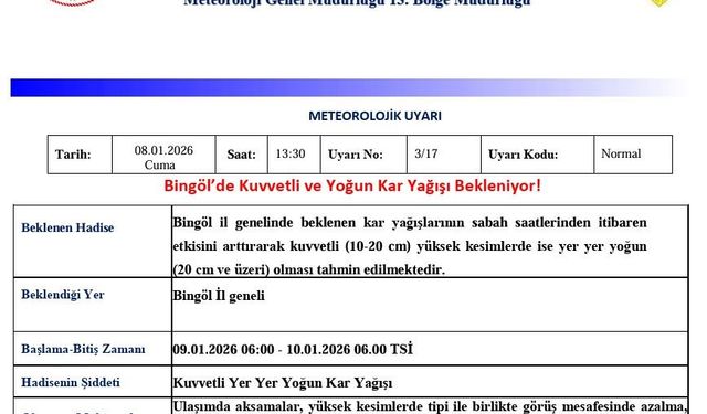 Bingöl için kuvvetli ve yoğun kar uyarısı