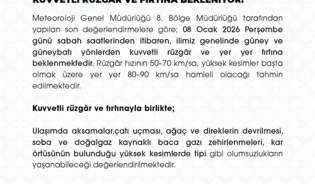 Niğde Valiliği'nden kuvvetli rüzgar ve fırtına uyarısı