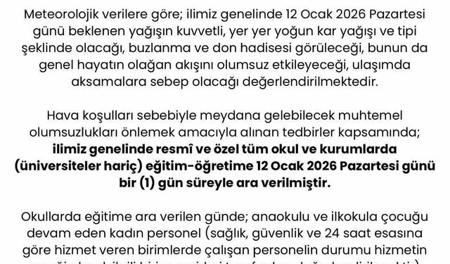 Sakarya'da eğitime kar tatili