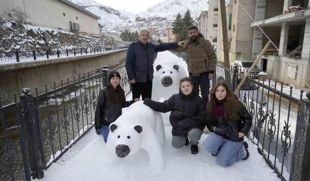 Tır şoförünün kardan yaptığı anne ve yavru ayı ilgi odağı oldu