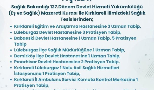 Kırklareli'ne 21 hekim kadrosu tahsis edildi