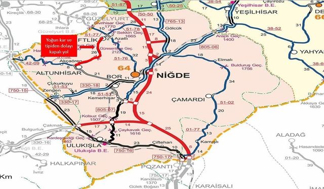 Niğde'de yoğun kar yağışı nedeniyle iki yol trafiğe kapatıldı