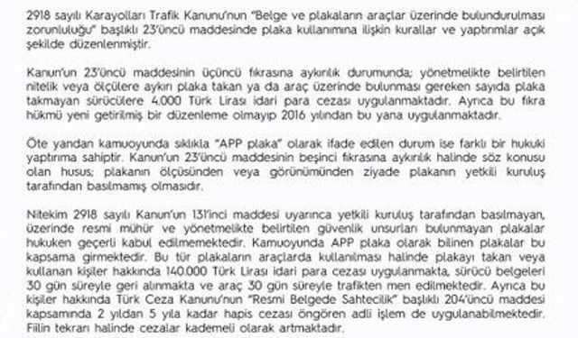 EGM'den ''APP plaka' açıklaması: Resmi mühür ve güvenlik unsurları bulunmayan plakaları kullananlara 140 bin lira ceza uygulanacak