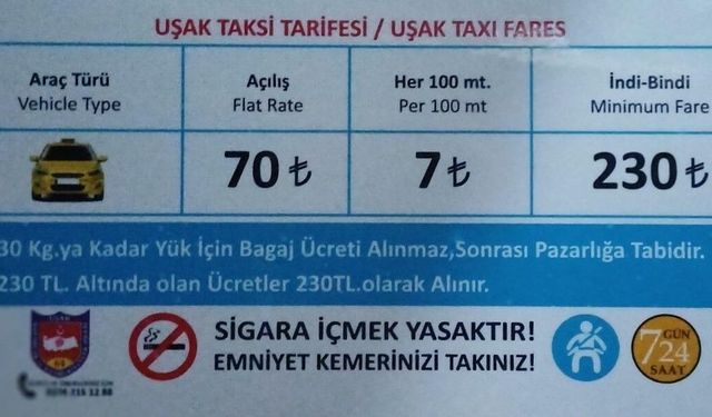 Uşak'ta taksi indi-bindi ücreti 230 TL oldu