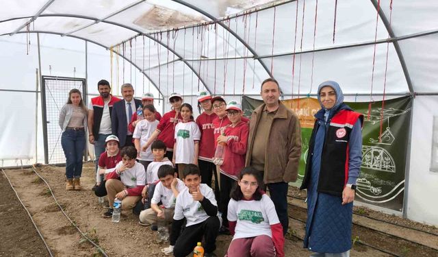 Demirkent TOKİ İlkokulu'nda öğrenciler serada fide dikti