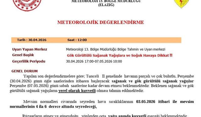 Tunceli için sağanak yağış uyarısı
