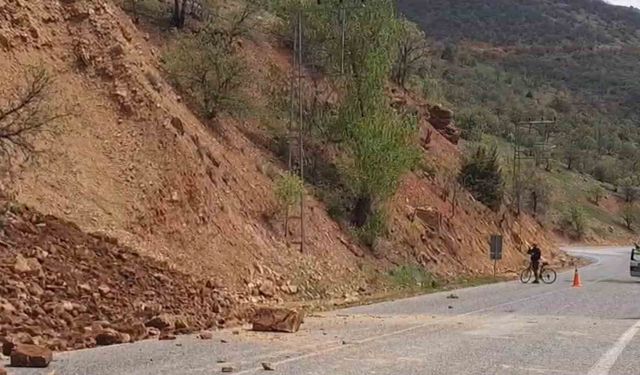 Tunceli'de yamaçtan kopan taş ve toprak kütlesi yola düştü