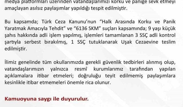 Uşak'ta asılsız paylaşımlara yönelik 1 şüpheli tutuklandı