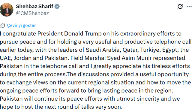 Pakistan Başbakanı Şerif, Trump'ı barış çabaları nedeniyle tebrik etti