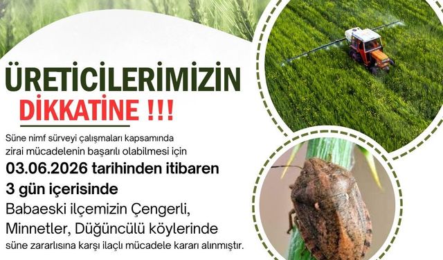Kırklareli'nde süne zararlısına karşı ilaçlama uyarısı
