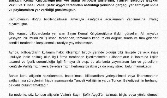 Tunceli Valiliğinden afiş açıklaması