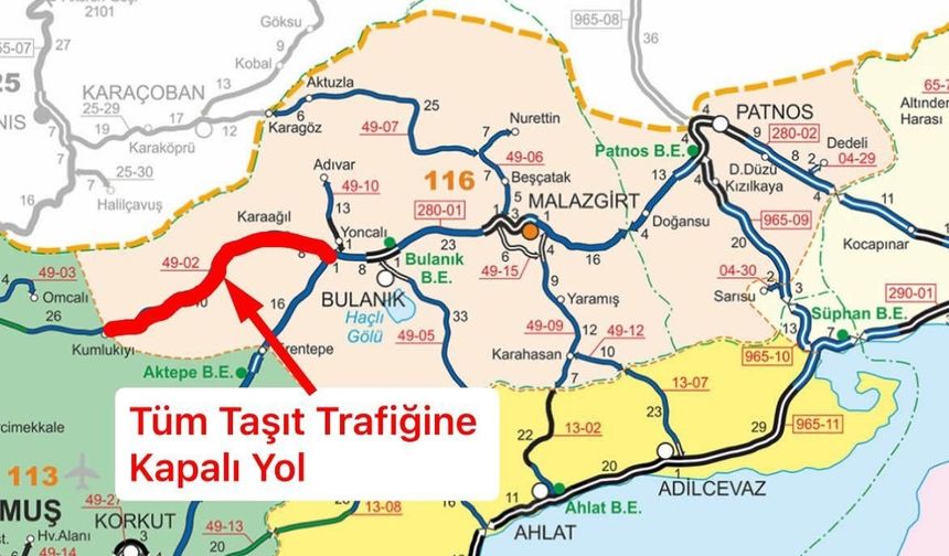 Bulanık-Kumlukıyı karayolu tipi nedeniyle ulaşıma kapatıldı