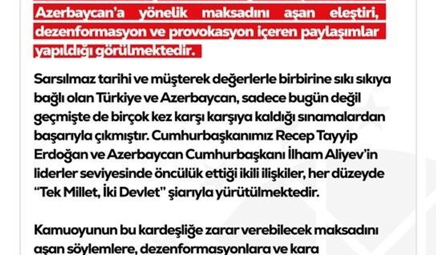 DMM'den Türkiye ve Azerbaycan ilişkilerine yönelik dezenformasyon içeren paylaşımlar hakkında açıklama