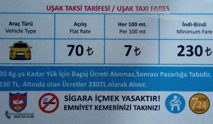 Uşak'ta taksi indi-bindi ücreti 230 TL oldu