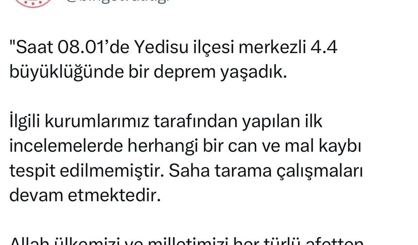 Bingöl Valiliği: 'Saha tarama çalışmaları devam etmektedir'