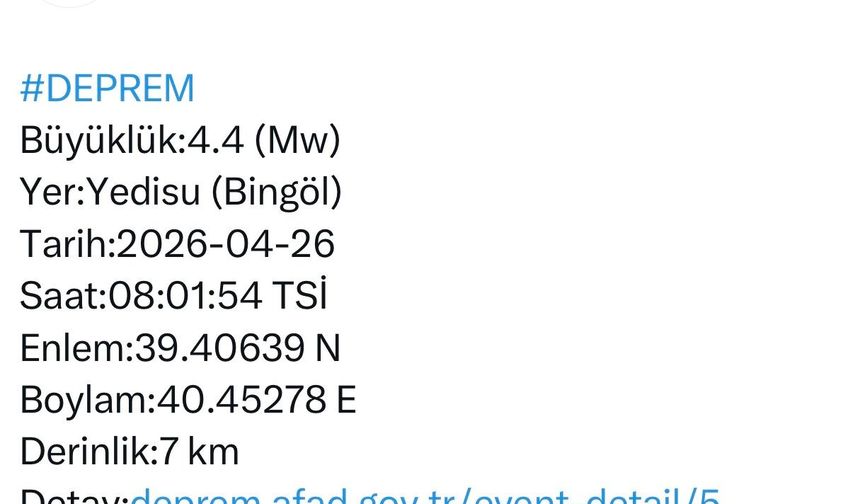 Bingöl'de 4.4 büyüklüğünde deprem