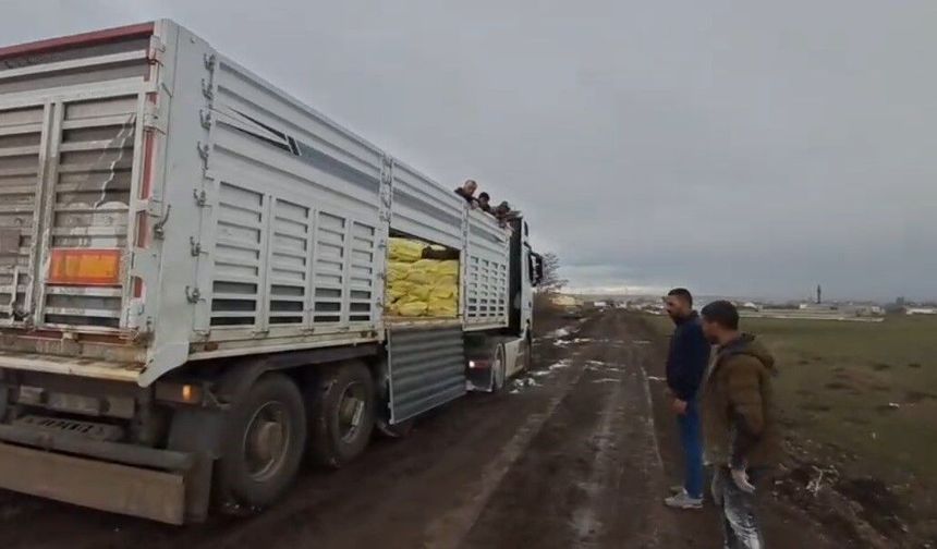 Kars'ta yem ve gübre yüklü tır köy yolunda mahsur kaldı