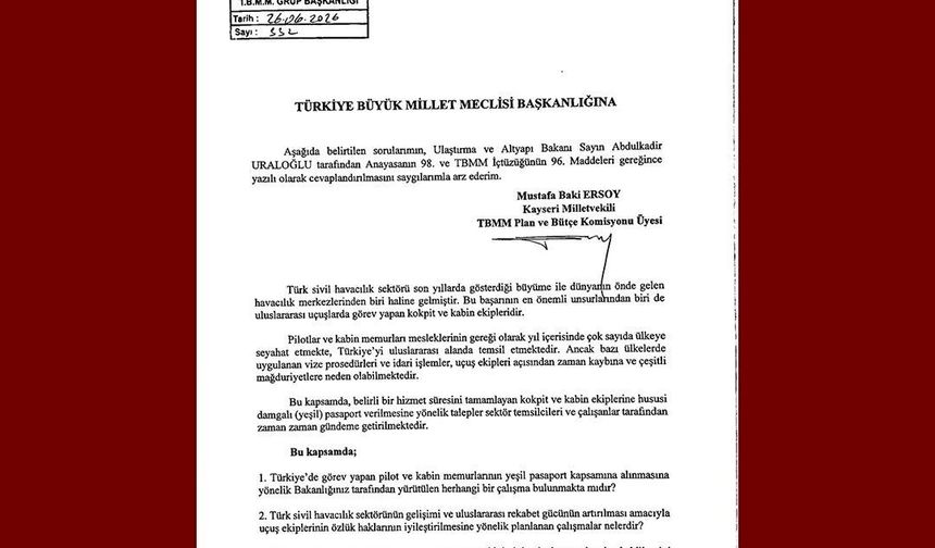 MHP'li Ersoy, kokpit ve kabin ekiplerinin yeşil pasaport talebini TBMM gündemine taşıdı